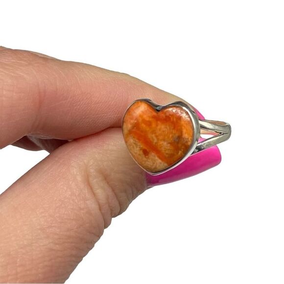 Sponge Coral Heart Shaped Ring Size 10 Solid 925 Sterling Silver Orange Boho - Picture 5 of 7